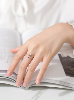 925纯银简约百搭镶钻小树叶开口