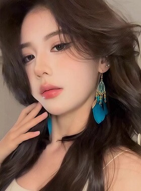 异域民族风蓝色长款羽毛耳坠度假风百搭拍照耳环女小众高级感耳饰
