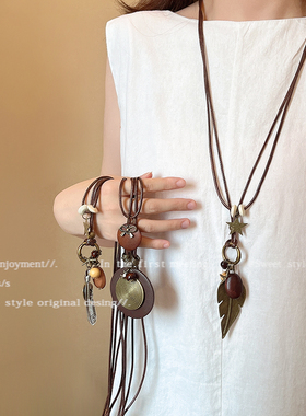 新中式禅意风做旧羽毛项链女波西米亚民族风长款毛衣链高级感配饰