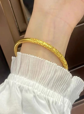 金色古法卷草纹素圈手镯复古宫廷风轻奢手环高级感小众精致手饰品