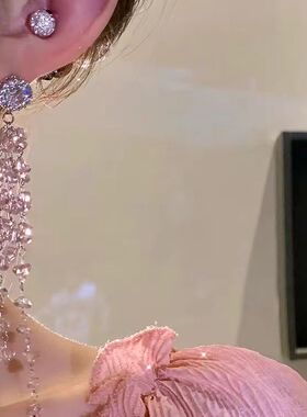 粉色锆石长款流苏耳钉夸张小众设计感轻奢耳环女气质圆脸显瘦耳饰