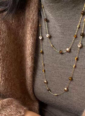 美拉德双层叠戴虎眼石项链女复古港风轻奢长款毛衣链小众百搭配饰