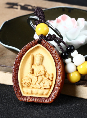 2026年桃木钥匙扣文殊菩萨生肖属兔人朱砂本命佛男女守护神挂件