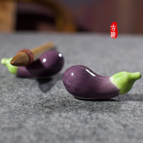 创意茄子陶瓷笔搁蔬菜可爱毛笔笔架山子文房绘画搁笔器笔托筷子搁 - 图2