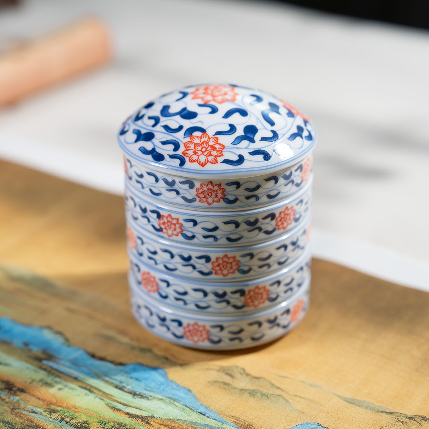 青花深五层陶瓷调色盘国画水彩水粉调色盒易清洗带盖景德镇颜料碟,淘宝优惠券,粉丝福利购,淘宝优惠卷