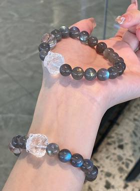 天然灰月光石手串男蓝光拉长石手链爱情守护桃花助睡眠水晶手链女