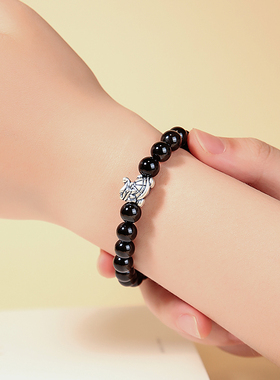 天然黑曜石龙龟手链999银