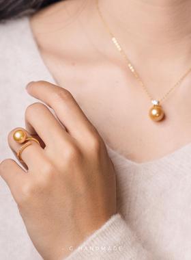 G HANDMADE 天然淡水金珠王妃项链正圆极光浓金925纯银吊坠锁骨链