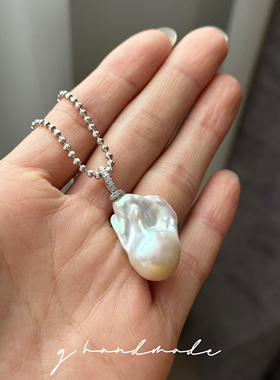 G HAMDMADE 大颗！天然巴洛克珍珠毛衣链925纯银镀白金项链爆闪链