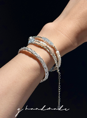 G HANDMADE 碎银子天然海蓝宝三圈宝石手链925纯银重工拉丝高级感