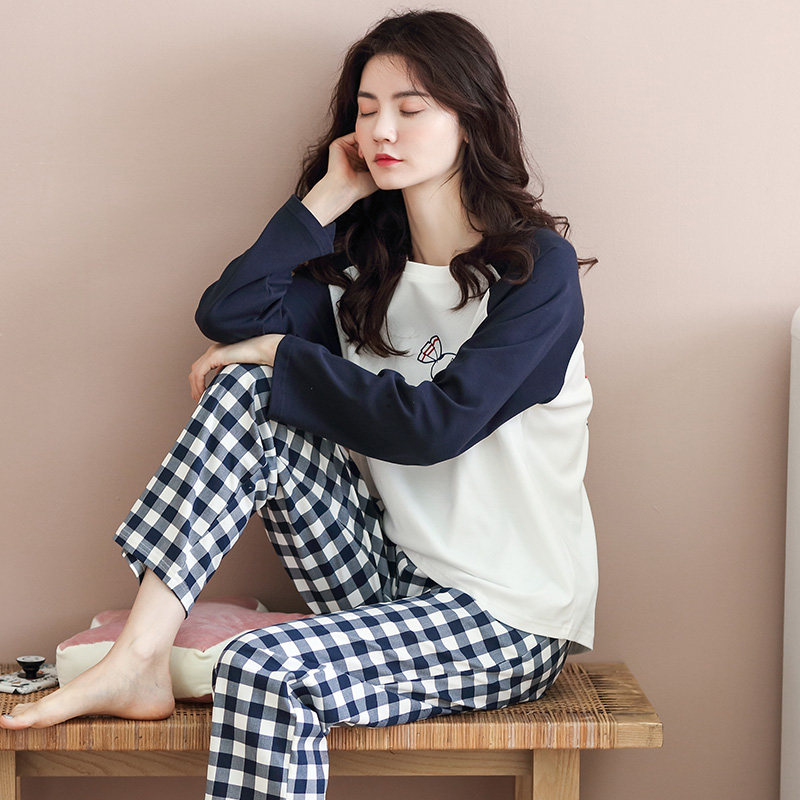 纯棉长袖可出门休闲可爱格子睡衣 造福鸟睡衣/家居服套装