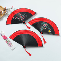 Female Fan Folding Fan Red China Wind Gusto Qi Gown Walking Show Woman Folding Fan Dance Dancing Folding Fan Easy Opening And Closing Plum Blossom