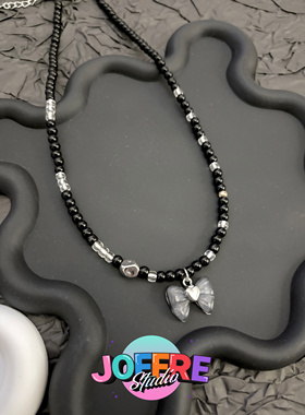 JOFFRE原创甜酷黑色蝴蝶结锁骨链项链不对称设计百搭项链