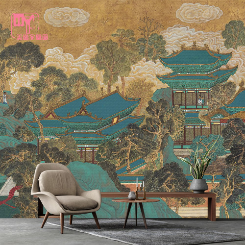 无缝壁画|防水可擦拭超大尺寸酒店民宿棋牌新中式床头画墙画壁布 - 图1