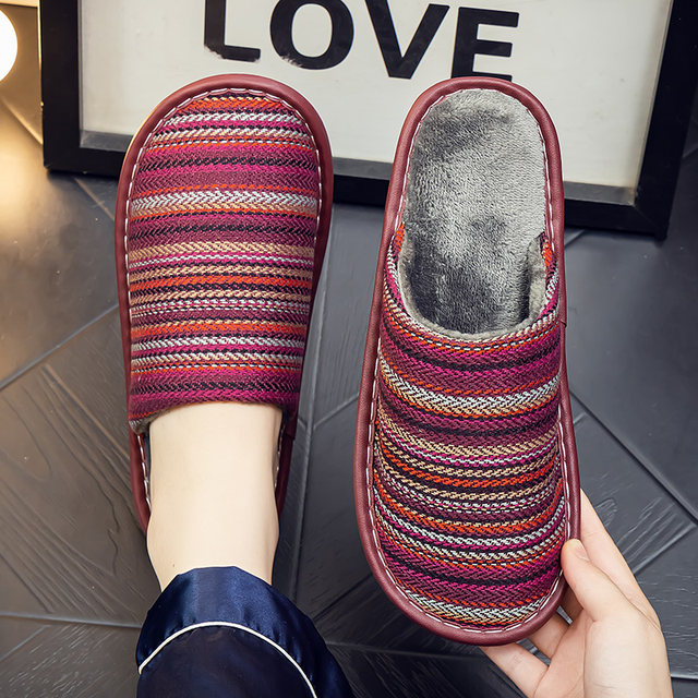 Winter warm cotton linen home plus velvet couple cotton slippers