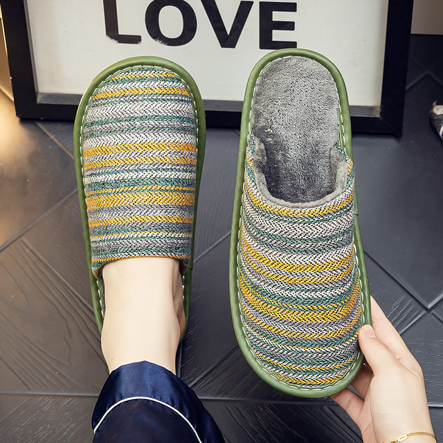 Winter warm cotton linen home plus velvet couple cotton slippers