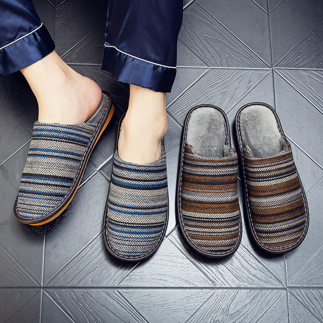 Winter warm cotton linen home plus velvet couple cotton slippers