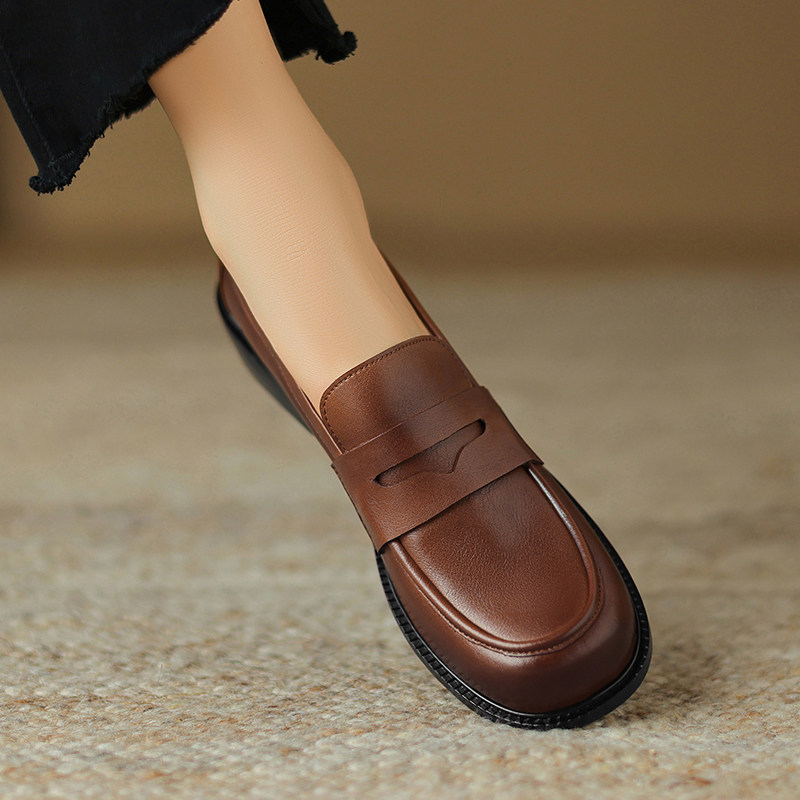 真皮乐福鞋女粗跟复古英伦小皮鞋方头软底工作鞋通勤职业中跟单鞋,淘宝优惠券,粉丝福利购,淘宝优惠卷