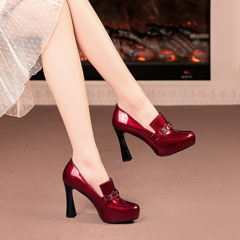 酒红色粗跟单鞋女漆皮2025年秋季新款深口职业真皮防水台高跟鞋,淘宝优惠券,粉丝福利购,淘宝优惠卷