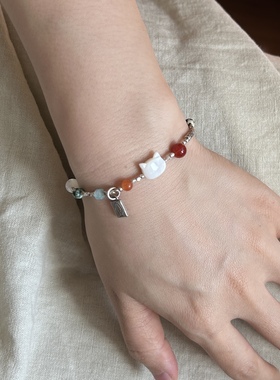 南西Handmade原创手工设计白蝶贝猫新中式天然石925纯银串珠手链