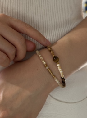 南西Handmade原创设计天然虎眼石贝壳混搭串珠手链美拉德招财手串