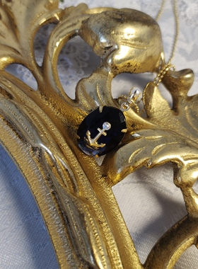 店铺独立设计vintage法式复古船锚优质铜镶深色系蓝色莱茵石项链