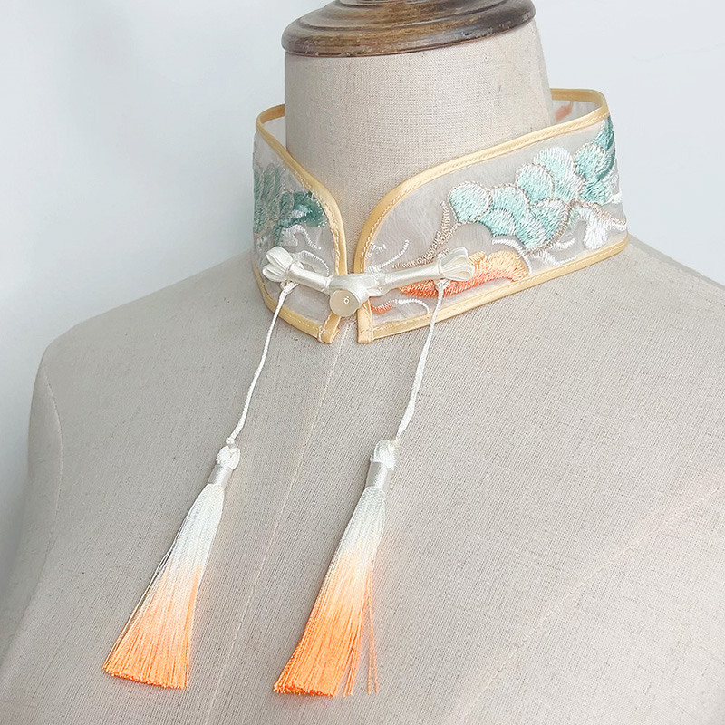 原创祥云国风新中式彩色刺绣盘扣假领子女欧根纱双层旗袍领COS风 - 图1