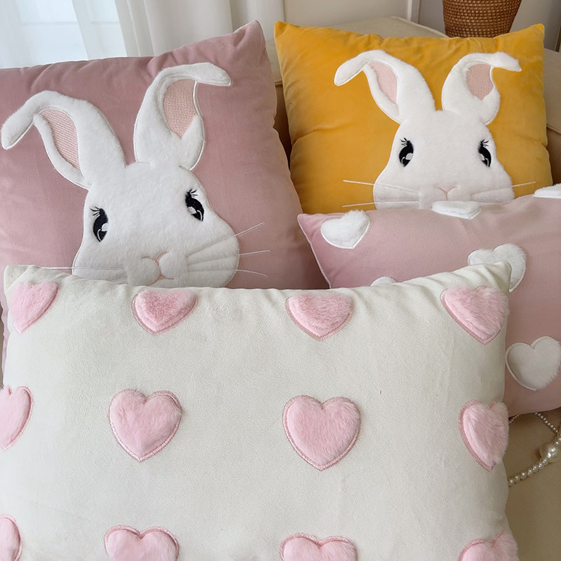 粉色毛绒兔子刺绣抱枕 公主风床头靠垫腰枕少女心靠枕套沙发抱枕,淘宝优惠券,粉丝福利购,淘宝优惠卷
