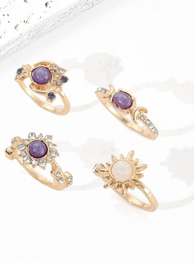 欧美跨境时尚ins宝石戒指 太阳月亮镶钻轻奢高级感几何指环套装女