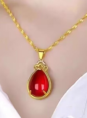 金镶玉髓红宝石吊坠沙金项链女款