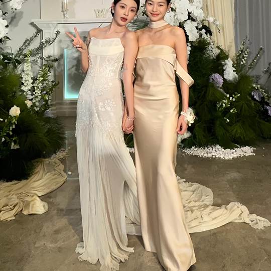 Champagne satin high-end bridesmaid dress