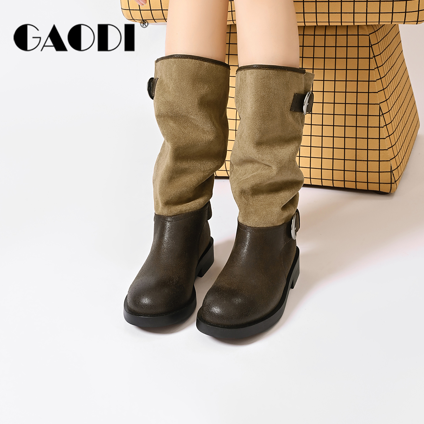 高蒂潮流复古美拉德拼接骑士靴女2025冬季新款套筒靴子长筒靴女 - 图2