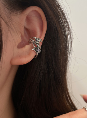 泰银做旧紫锆荆棘玫瑰花耳夹