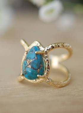 欧美风水滴梨形派对绿松石戒指