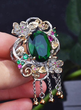 仿真祖母绿锆石双色戒指