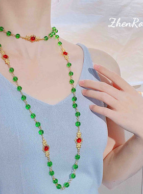 中式仿天然绿珠套链毛衣链女