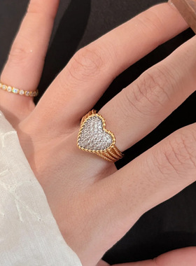 Young法式复古镶钻镂空心形戒指小众藤编vintage中古风爱心戒指女