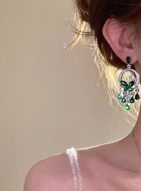 Young法式复古祖母绿蝴蝶流苏耳环耳坠重工镶锆石晚宴吊坠项链女