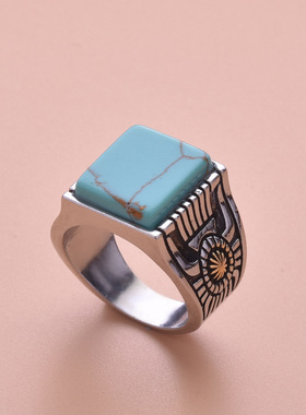 方形绿松石新款镶嵌分色戒指欧美