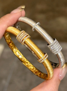 Young意大利布契织纹雕金手镯时来运转拉丝工艺轻奢手环宫廷风女