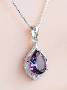 欧美银项链紫水晶吊坠