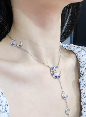 小众ins风y型深蓝日月星辰锁骨链
