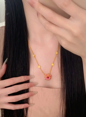 Young新中式中国风红牡丹花项链真金电镀轻奢红刚玉玫瑰花吊坠女