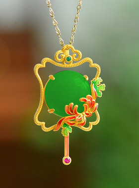 中国风蒲扇和田玉项链女