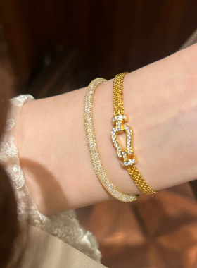 Young米兰尼斯表带手链女vintage复古风简约镶钻马蹄扣缎带手环女