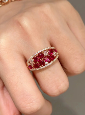 中古轻奢新中式气泡红刚玉戒指