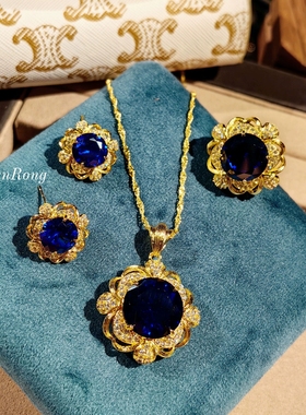 Young封底设计仿真皇家蓝吊坠女重工彩宝吊坠开口戒指拉丝套装女