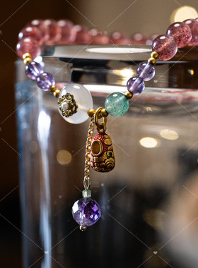 【壮的响亮】莲韵童福粉草莓晶沙金小虎鞋白玛瑙平安扣手链