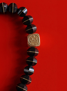 【壮的响亮】乾坤 紫光檀榫卯珠/24K镀金四方来财手链手串饰品