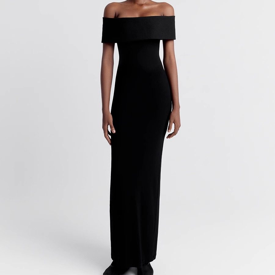 越南小众2025年夏季新款酷飒大女主弧形一字肩曲线长裙修身连衣裙,淘宝优惠券,粉丝福利购,淘宝优惠卷